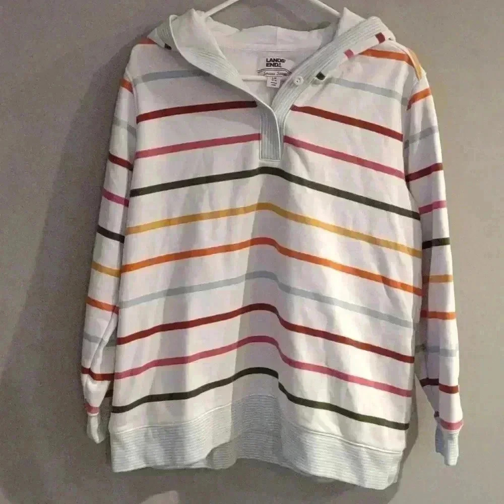 Lands' End Serious Sweats autumn color stripe 2 button hoodie women's petite Lg